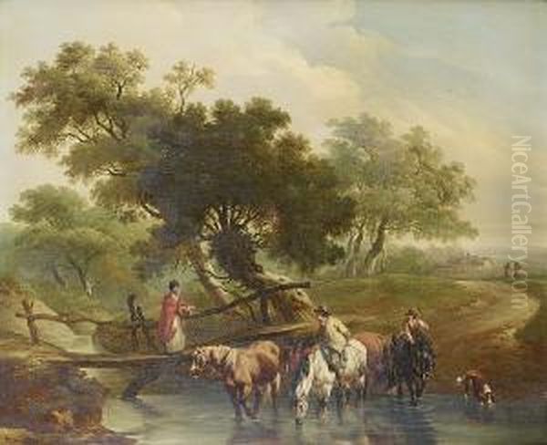 A Traveller With Cattle And 
Sheep On A Countrypath Before Ruins; And Horsemen Watering Their Horses 
At A Stream,a Young Woman Crossing Footbridge Oil Painting by Charles Towne