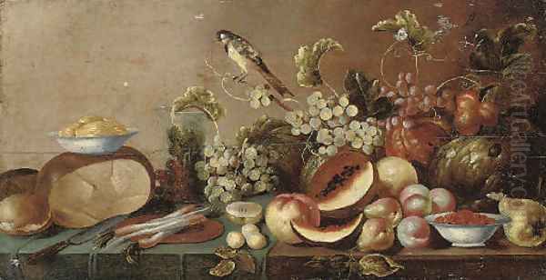 Melons, peaches, pears, grapes on the vine and other fruit Oil Painting by Floris Gerritsz. van Schooten