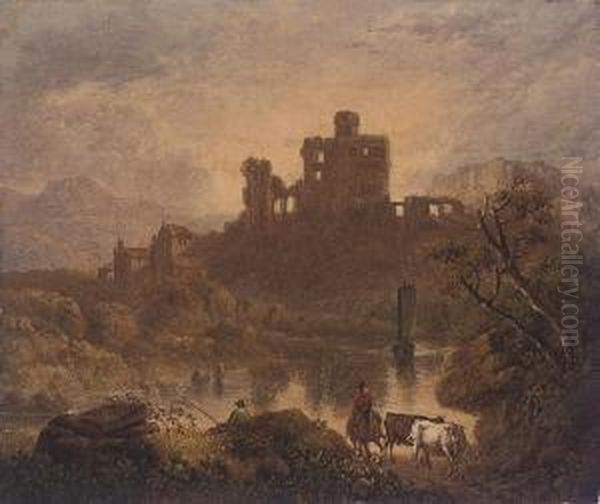 Figures By A River Before A Ruined Castle Oil Painting by Charles Towne