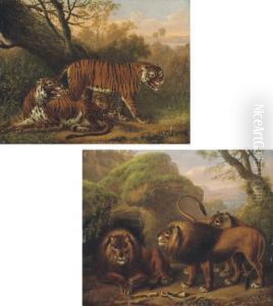 Tigers Beside A Tree; And Lions In A Rocky Landscape, Rapids Beyond Oil Painting by Charles Towne