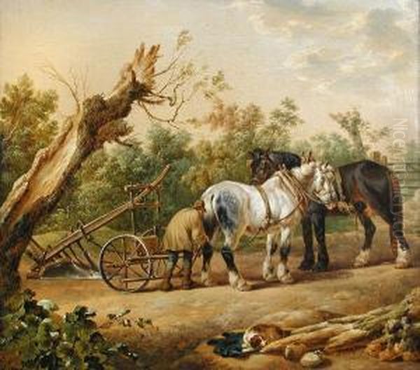 Afarmer Coupling His Horses To The Plough Oil Painting by Charles Towne