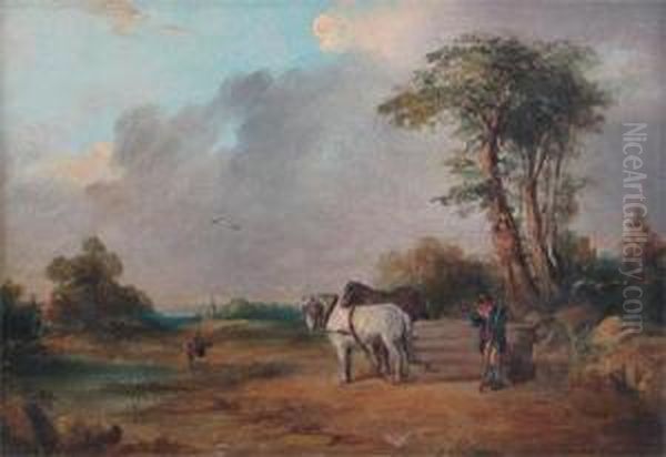 Pastoral Scene With A Woodman And His Horses Resting Oil Painting by Charles Towne