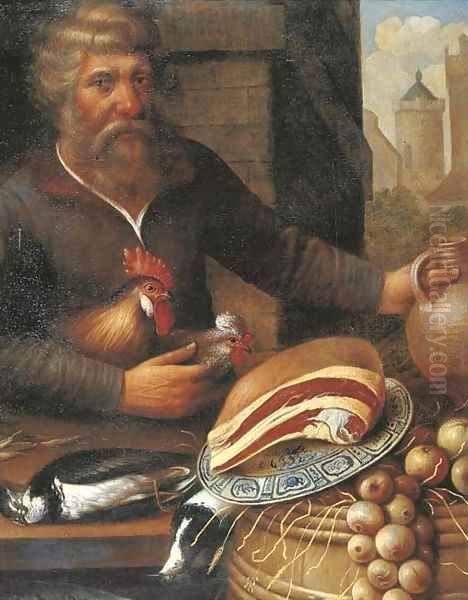 A peasant selling ham, onions and poultry at a market Oil Painting by Floris Gerritsz. van Schooten