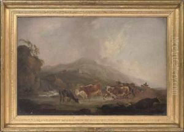 Cattle Watering In A Pool, With Ruins Beyond Oil Painting by Charles Towne