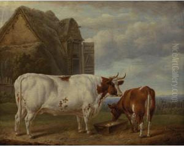 A Pair Of Prize Shorthorn Cattle In A Farmyard Oil Painting by Charles Towne