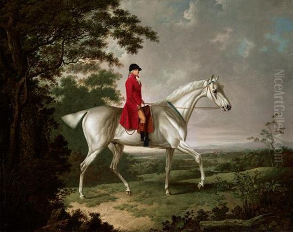 A Gentleman On A Grey Horse Riding In An Extensive Landscape Oil Painting by Charles Towne