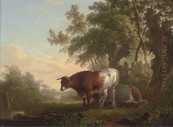 Cattle On A Riverbank Oil Painting by Charles Towne