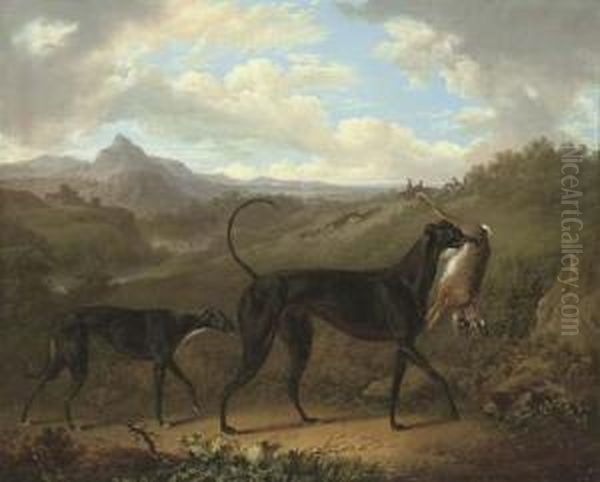 Two Greyhounds With A Hare, In 
An Extensive Mountainous Landscape With Huntsmen Coursing Beyond Oil Painting by Charles Towne