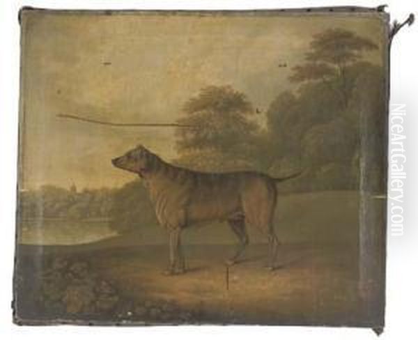 A Dog In A Parkland Landscape, A Church Spire Beyond Oil Painting by Charles Towne