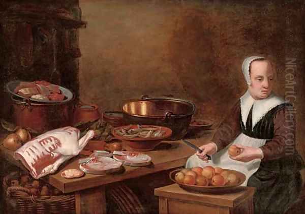 A kitchen interior with a maid seated preparing apples, with meat and fish on a wooden table Oil Painting by Floris Gerritsz. van Schooten