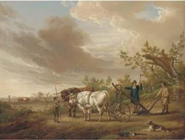 Oxen Harnessed To A Plough Oil Painting by Charles Towne