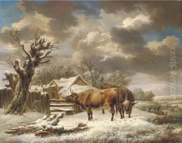 Livestock In A Winter Landscape Oil Painting by Charles Towne