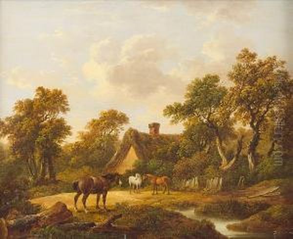 Horses Beside A Stream Before A Cottage And Trees Oil Painting by Charles Towne