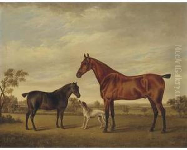 A Horse And Foal With A Hound In A Landscape Oil Painting by Charles Towne