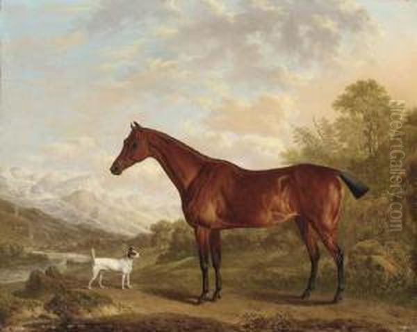 A Bay Hunter And Terrier In A Mountainous Wooded Landscape, A Townand River Beyond Oil Painting by Charles Towne