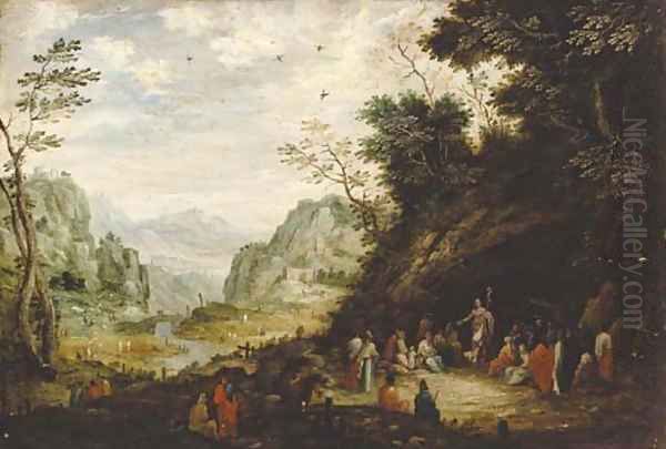 Saint John the Baptist preaching to the multitude in a mountainous landscape Oil Painting by Floris Gerritsz. van Schooten