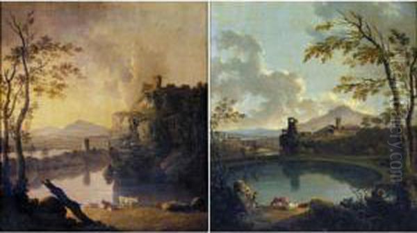 An Italianate Lake Landscape 
With A Herdsman And Cattle In The Foreground; And A View Of Lake Nemi Oil Painting by Charles Towne