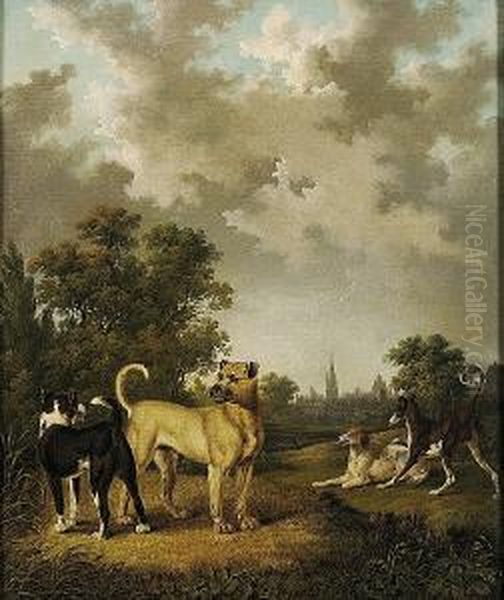 A Mastiff, A Greyhound And A Setter In A Landscape With A Town Beyond Oil Painting by Charles Towne