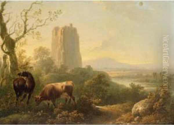 Cattle And Horse Grazing In A Valley Landscape Oil Painting by Charles Towne