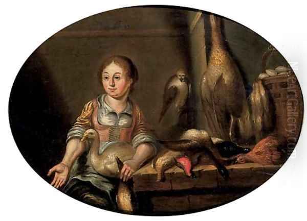 A maid in a kitchen, seated by a table laden with dead game Oil Painting by Floris Gerritsz. van Schooten