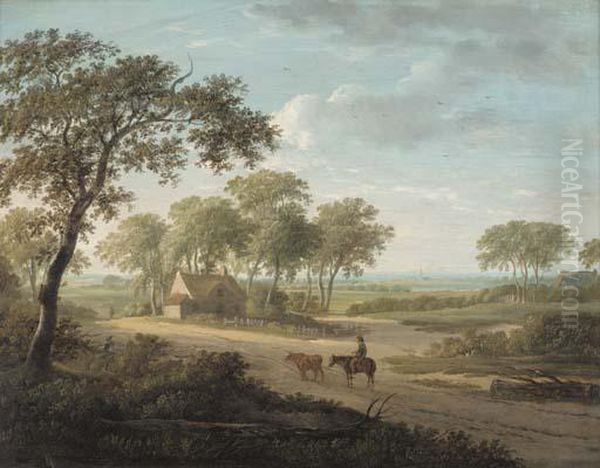 A Drover On A Path By A Cottage In An Extensive Landscape Oil Painting by Charles Towne