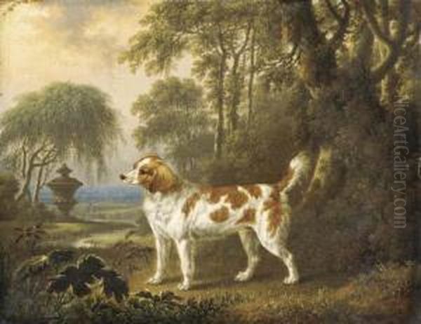 A Marlborough Spaniel In A Wooded Landscape, An Urn Beyond Oil Painting by Charles Towne