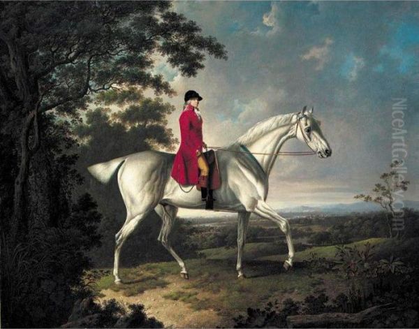 A Huntsman On A Grey Hunter In An Extensive Landscape Oil Painting by Charles Towne