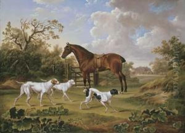 A Bay Hunter And Three Pointers Oil Painting by Charles Towne