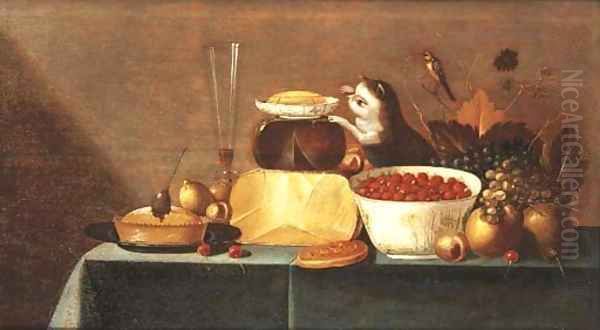 Cheeses, grapes, a bowl of strawberries Oil Painting by Floris Gerritsz. van Schooten