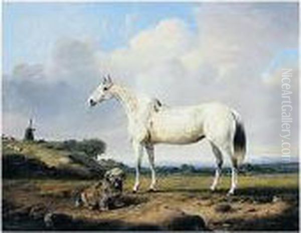 A Grey Hunter With Terrier In A Landscape Oil Painting by Charles Towne