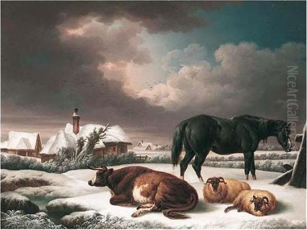 Farm Animals In A Snowy Landscape Oil Painting by Charles Towne