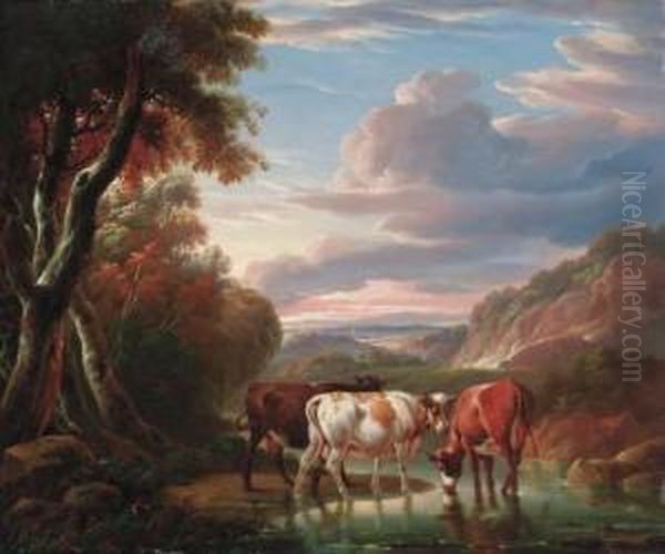 A Mountainous River Landscape With Cattle Watering By A Pool Oil Painting by Charles Towne