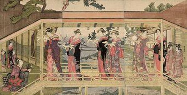 Ladies With Votive Offerings Crossing A Wooden Bridge Over Astream Oil Painting by Toyokuni