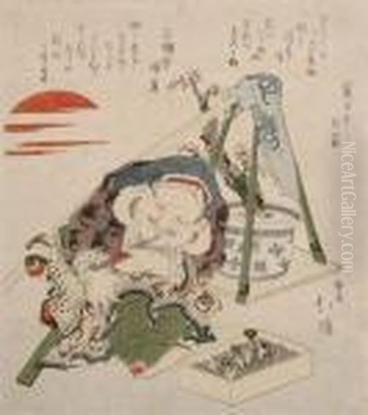 A Surimono Of A Lady Barefoot In The Snow At Night, Signed Toyokuniga Oil Painting by Toyokuni