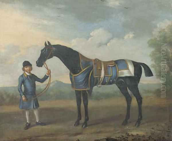 A black Bay race horse and a groom in a landscape at the Bolton races in 1734 Oil Painting by James Seymour