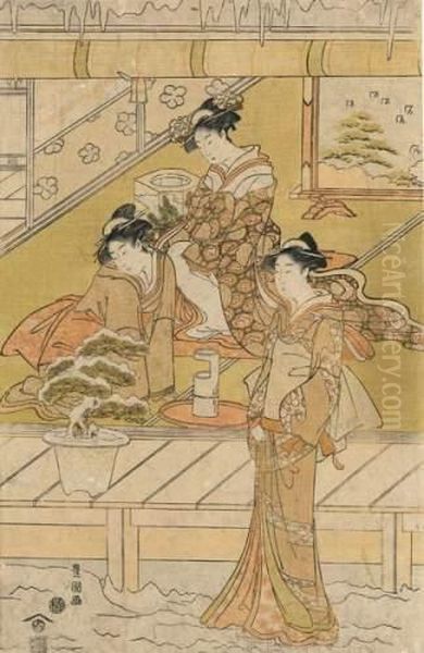 Trois Jeunes Femmes Assises Dans
 Un Pavillon Admirant Un Bonzai Dans Un Paysage De Neige. Oil Painting by Toyokuni