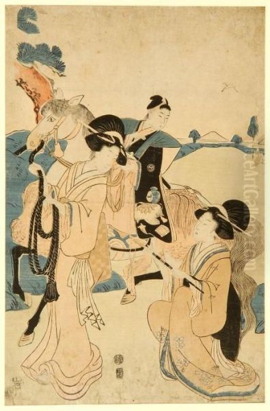 Scene Of A Young Man On Horseback With Two Female Attendants. Oil Painting by Toyokuni