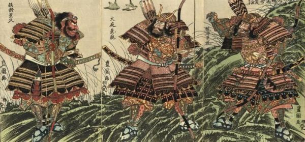 Triptych Showing A Scene Of The 
Battle Of Ishibashiyama (king, Japanese Warrior Prints, No. 92), 
Published Yamamotoya Heikichi, Circa 1810-1814; One Triptych By Toyokuni
 I; And Four Single Prints Of Warriors By Toyokuni (ii), Good 
Impression, Colo Oil Painting by Toyokuni