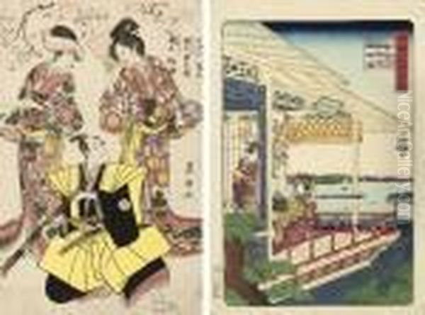 Oban Tate-e, A Print Depicting 
Three Actors Including Onoye Mutsusuke, One Holding A Telescope; 
Hiroshige Ii , Oban Tate-e, 'shokoku Meisho Hyakkei' , With A Courtesan 
Seated On A Terrace Holding A Telescope; Hiroshige And Kunisada , Oban 
Tate-e;  Oil Painting by Toyokuni