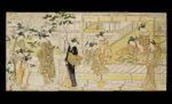 A Triptych From An Untitled 
Series Depicting Beauties Trimming Potted Bonsai Trees On An Engawa In 
Snowscape, Parodying The Noh Play ````hachi No Ki', Censor's Seal 
Kiwame, Publisher's Mark Of Nishimuraya Yohachi, Signed Toyokuni Ga. Oil Painting by Toyokuni