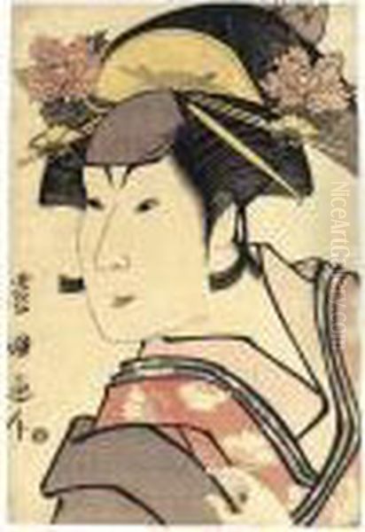 Okubi-e Of Iwai Hanshiro Iv In An Unidentified Onnagata Role Oil Painting by Toyokuni