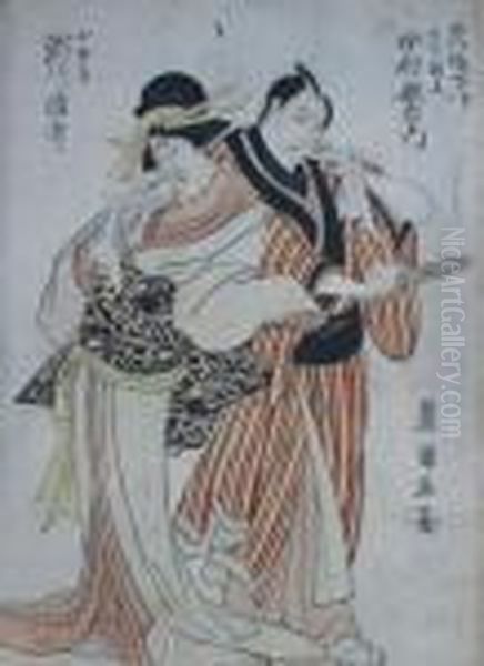 Samuri With Geisha Oil Painting by Toyokuni