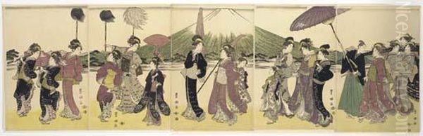 A Parody Of A Daimyo's Procession At The Foot Of Mount Fuji Oil Painting by Toyokuni