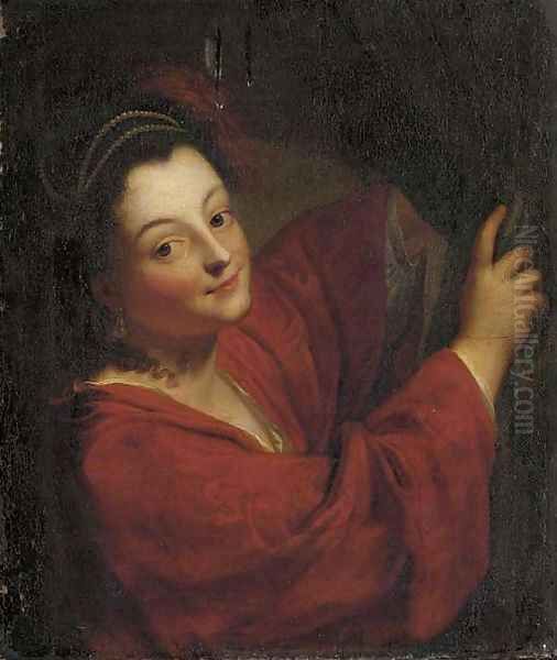 A young lady at a curtain Oil Painting by Jean-Baptiste Santerre