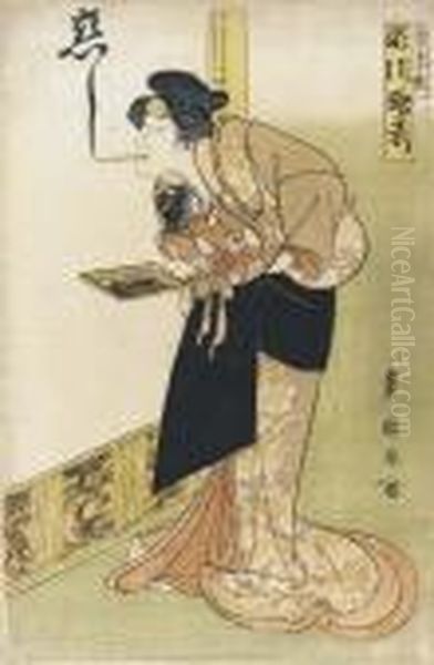 Holding A Baby And Writing A Farewell Oil Painting by Toyokuni