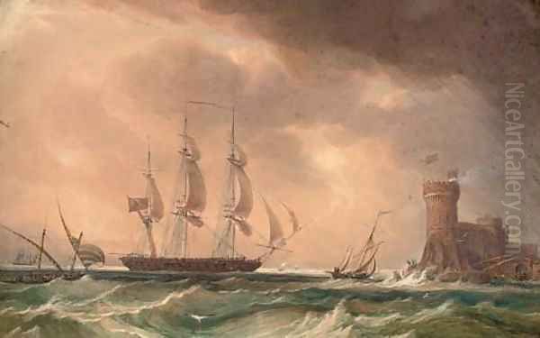 An English frigate arriving off a fortified Mediterranean port Oil Painting by John Christian Schetky