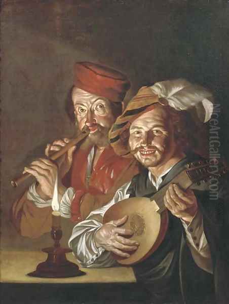 A lute player and a flute player making music by candlelight Oil Painting by Matthias Stomer