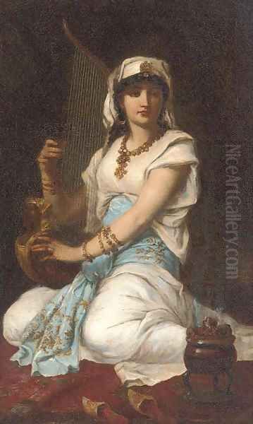 A young girl playing a harp Oil Painting by Simeon Solomon