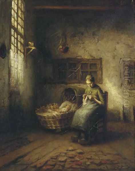 A mother and sleeping baby in a cot Oil Painting by Jac Shoeck