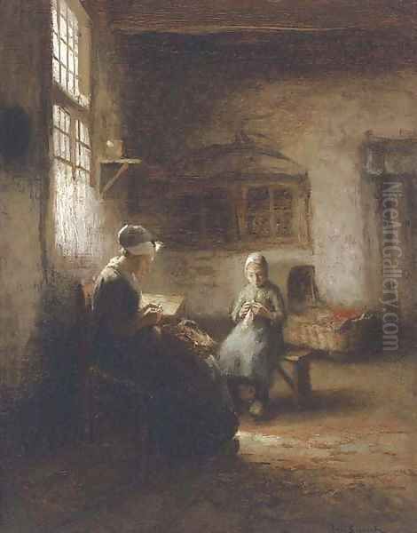 Sewing in the nursery Oil Painting by Jacques Cornelis Snoeck